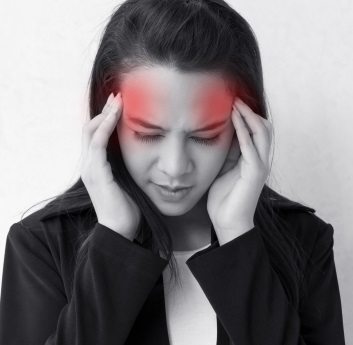 woman with headache, migraine, stress, insomnia, hangover with red danger alert accent raw energy